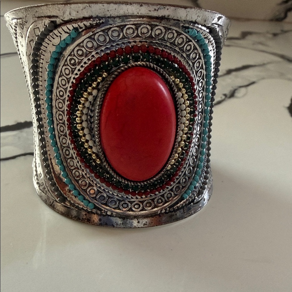 Boho Red Stone Silver-Tone Cuff Bracelet
